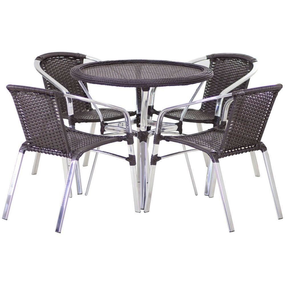 Jogo 4 Cadeiras Alumínio e Mesa Tampo Tramado Fibra Sintética para Jardim Piscina Varanda Floripa Marrom
