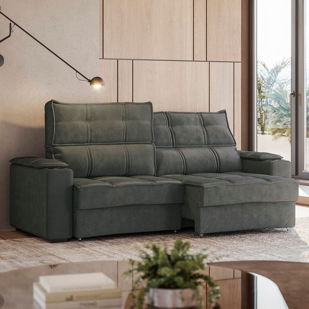 Sofá Retrátil e Reclinável 3 Lugares com Porta Copos 210cm Cobán Espresso Móveis Cinza Escuro