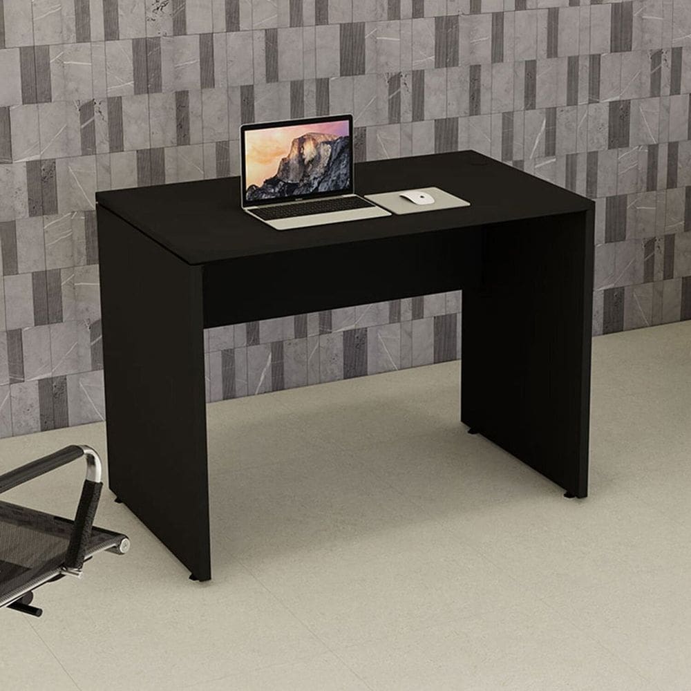 Mesa Escrivaninha Retangular 100cm X 74cm com Passa Cabos e Pés Painel para Escritório Corporate Preto