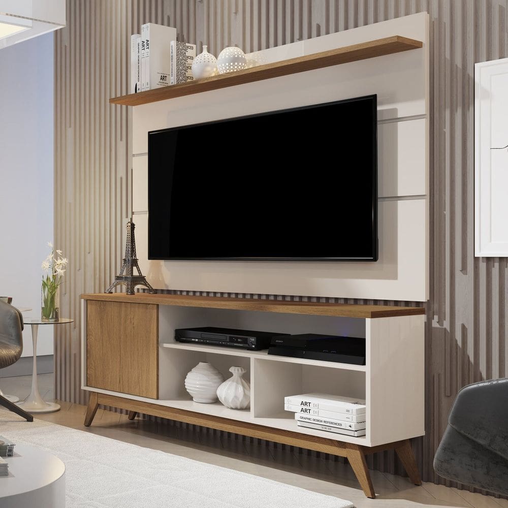 Rack com Painel para Tv 60 Polegadas Pés Madeira Maciça Retrô Malbec Wood Off White /Freijó