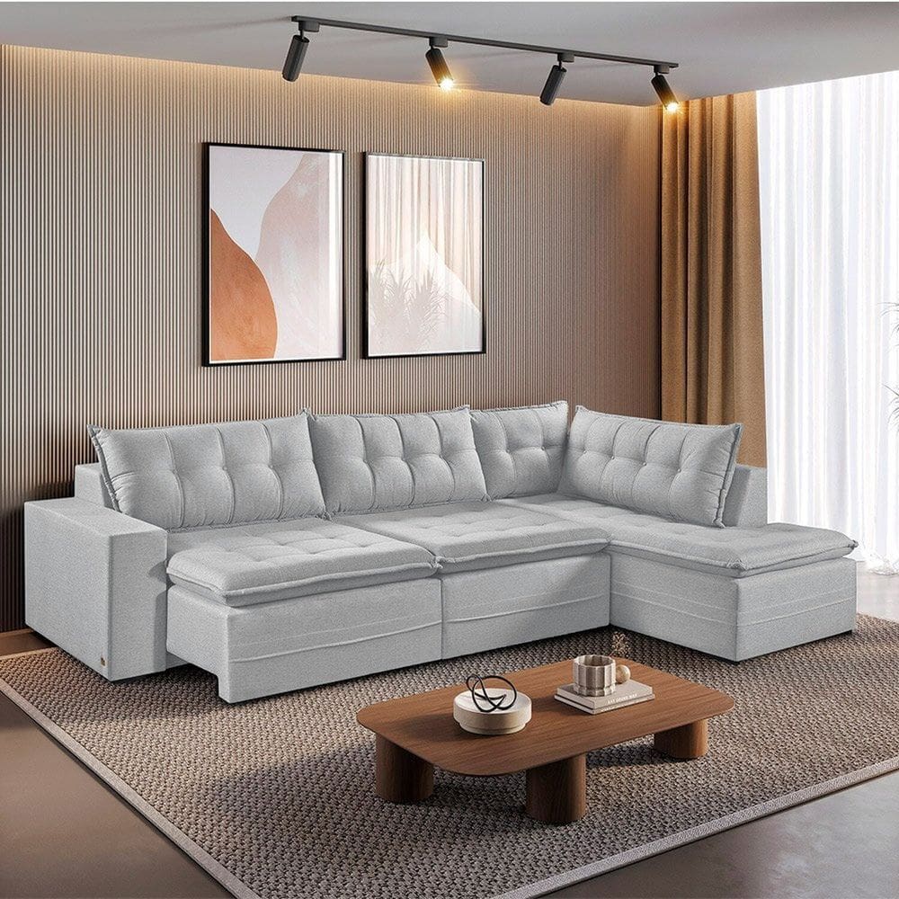 Sofá Retrátil 6 Lugares 296cm com Chaise a Direita de 91cm Presidente Gelo