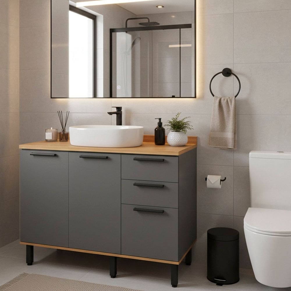 Gabinete para Banheiro 120cm com Tampo 3 Portas e 2 Gavetas Castanha Freijó / Cinza