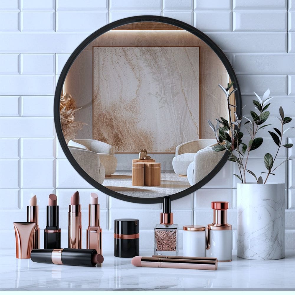 Espelheira Redondo 60cm Moldura Alumínio Basic Preto