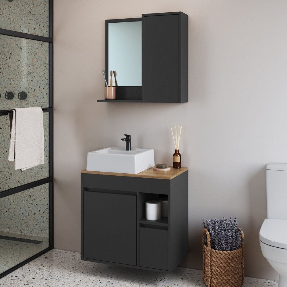 Conjunto para Banheiro Gabinete Suspenso 60cm com Cuba e Espelheira Bahamas Grafite