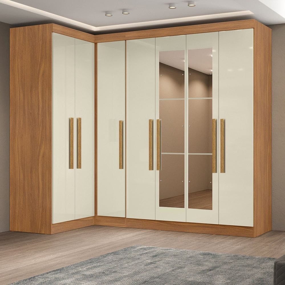 Módulo de Canto com Puxadores Mdf e Espelho Paris Cinamomo / Off White