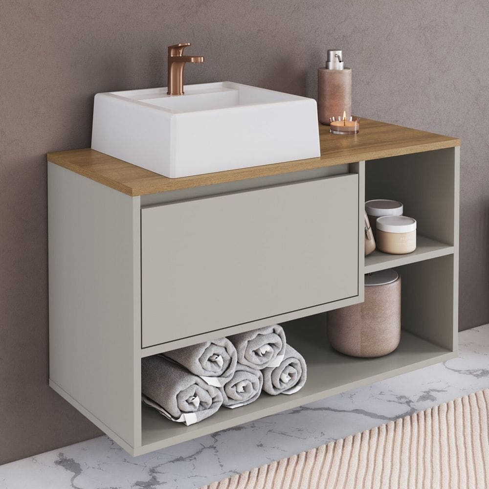 Balcão Gabinete de Banheiro Suspenso 80cm 1 Porta e Nichos com Cuba Barcelona Arenas