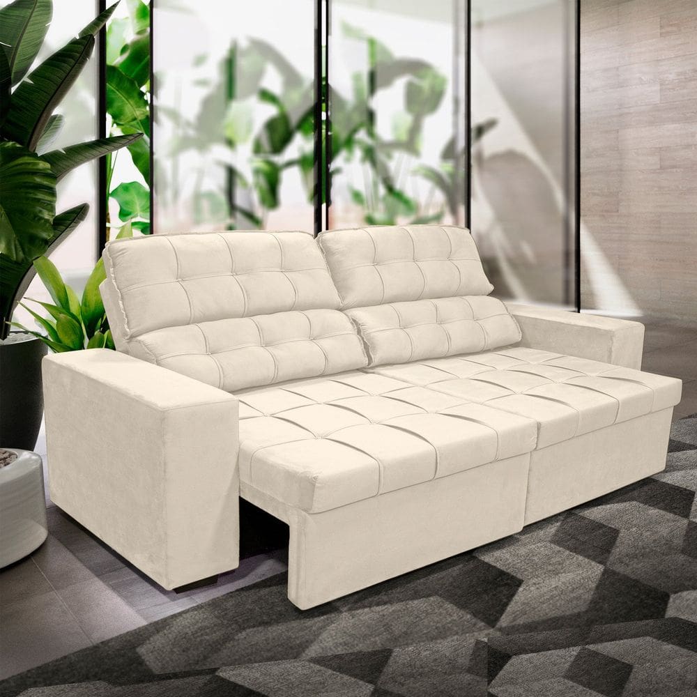 Sofá Retrátil Reclinável Molas 250cm Veludo Barcelona Bege Claro