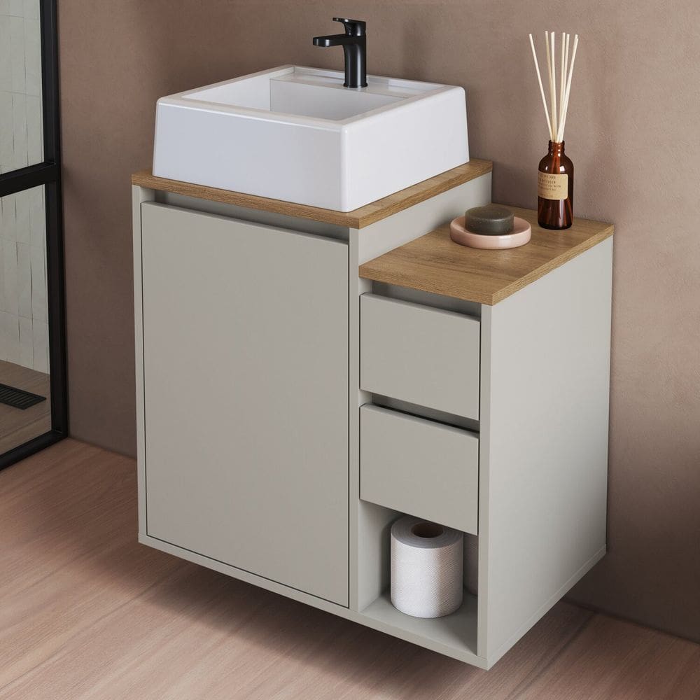 Balcão Gabinete de Banheiro Suspenso 60 Bahamas 1 Porta e 2 Gavetas com Cuba Arenas