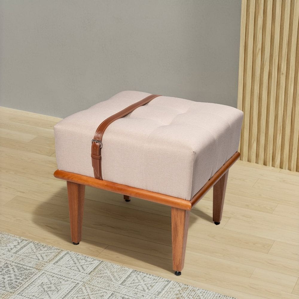 Puff Quadrado de Madeira Eucalipto Estofado e Cinto de Couro Yarin Bege Claro