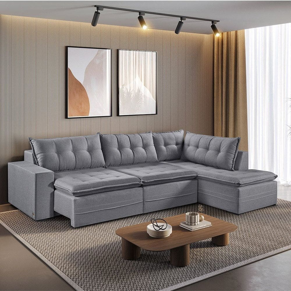 Sofá Retrátil 6 Lugares 296cm com Chaise a Direita de 91cm Presidente Cinza
