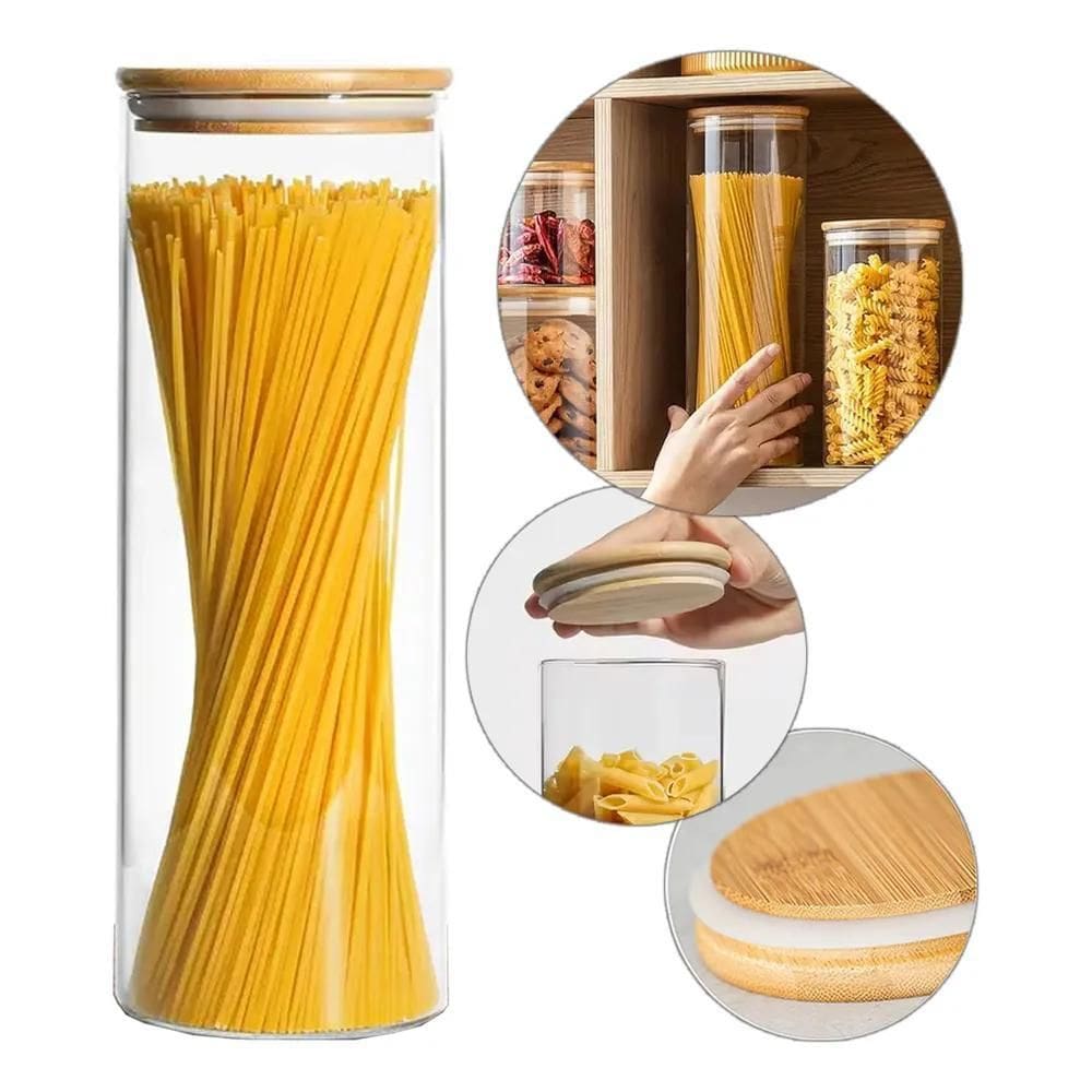 2X Pote De Vidro Com Tampa De Bambu 1800Ml Espaguete Macarrã