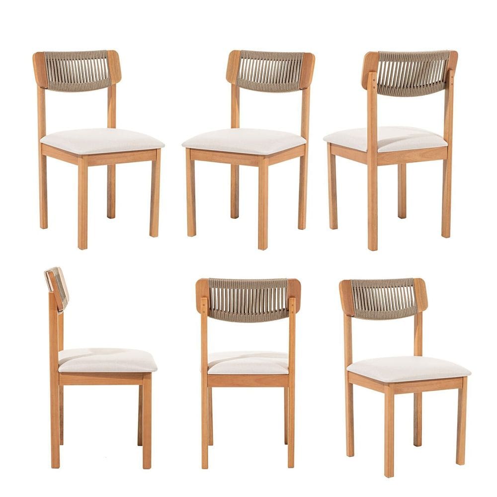 Kit 6 Cadeiras com Encosto Corda Assento Estofado Florença Rami/Cru/Verniz Mel
