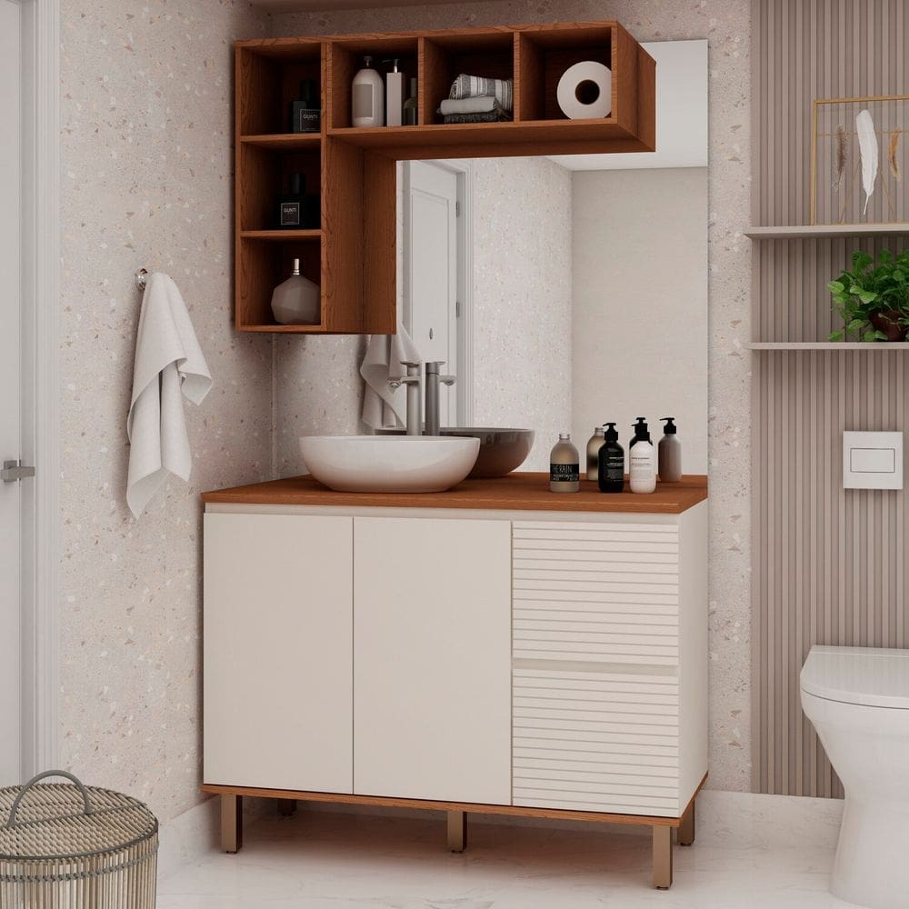 Conjunto de Banheiro Modulado 100% Mdf 3 Peças com Detalhes em Ângulo 45 Graus Auris Canela/Off White Frisado