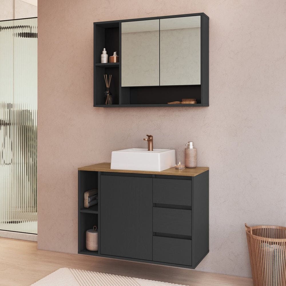 Conjunto para Banheiro Gabinete Suspenso 80cm com Cuba e Espelheira Belagavi Grafite