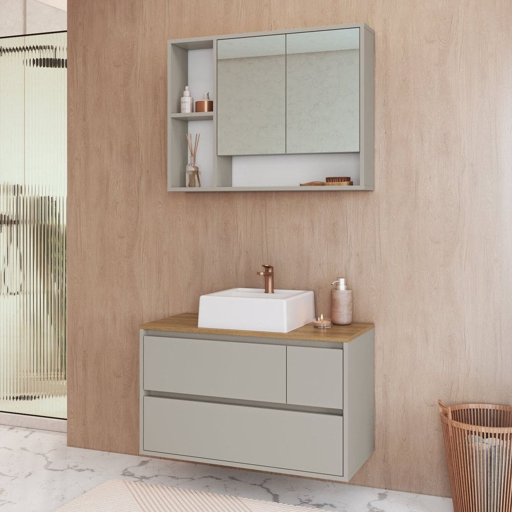 Conjunto para Banheiro Gabinete Suspenso 80cm com Cuba e Espelheira Belarus Arenas