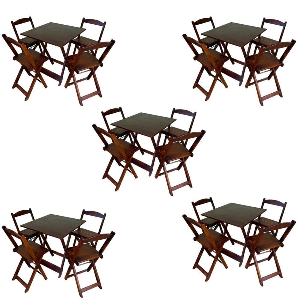 Kit 5 Conjuntos Dobráveis 70cm X 70cm 5 Mesas 20 Cadeiras Imbuia