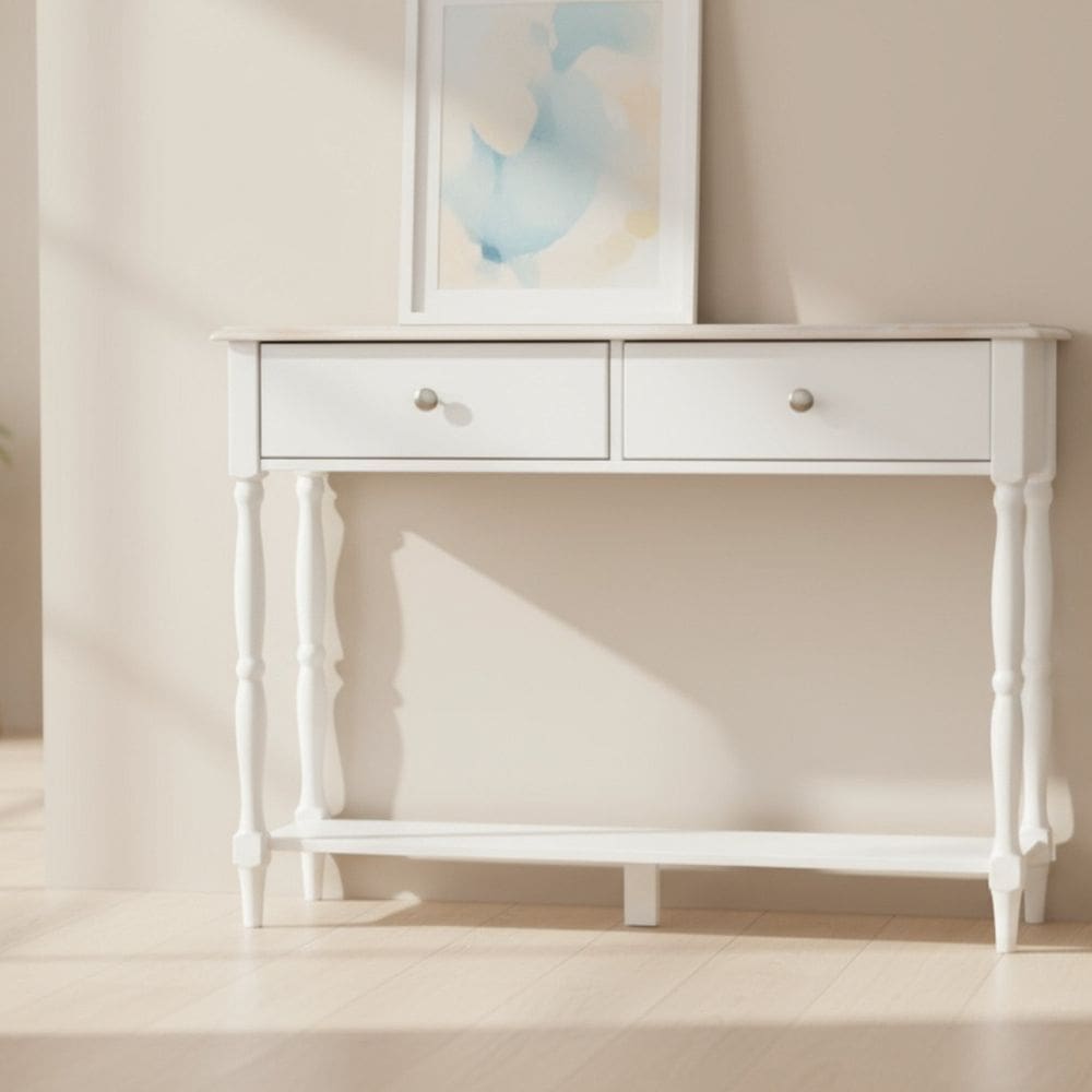 Aparador 2 Gavetas Tampo em Madeira Maciça Pés Torneados Louise Branco/Pátina