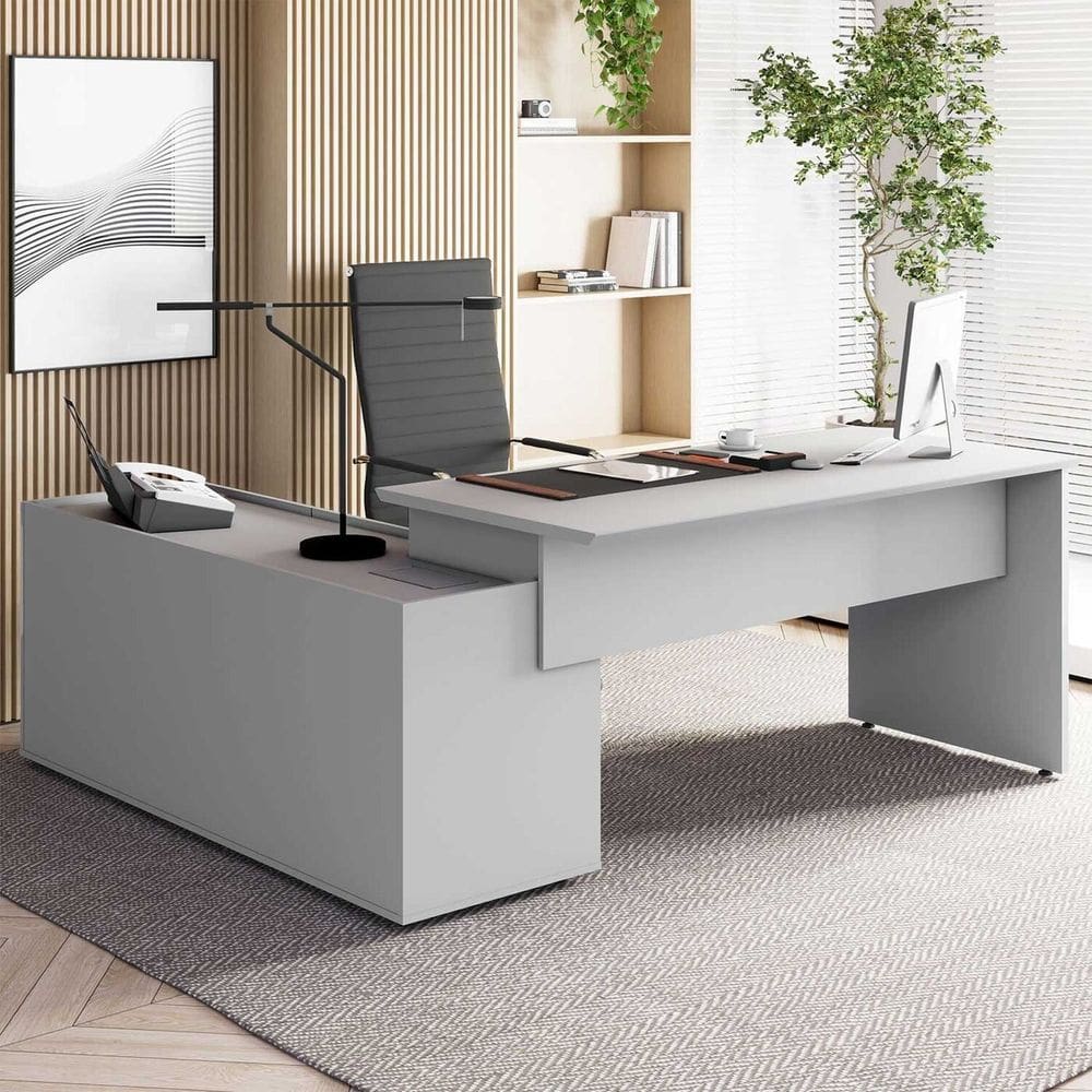 Mesa Diretor 2,00m X 1,70m com Armário Caixa de Tomadas e Tampo Cavado para Escritório Corporate Cinza