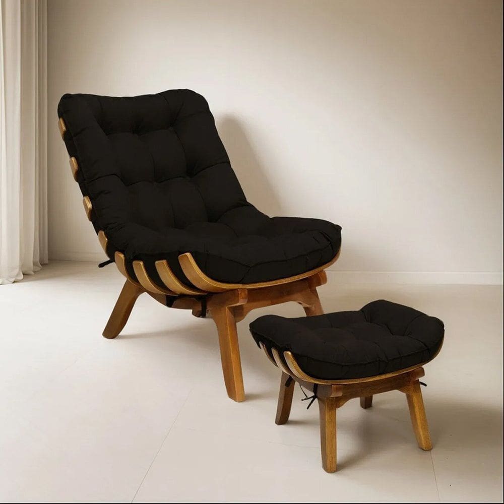 Kit Poltrona e Puff com Base de Madeira Suede Costela Preto