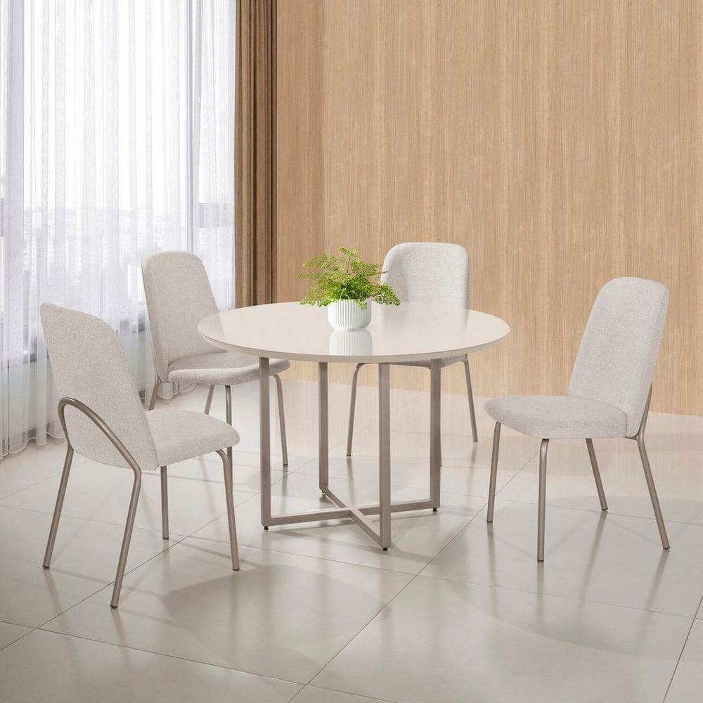 Conjunto Sala de Jantar Mesa com 4 Cadeiras California CHAMPAGNE / BOUCLE A-518 BEGE - TAMPO OFF WHITE