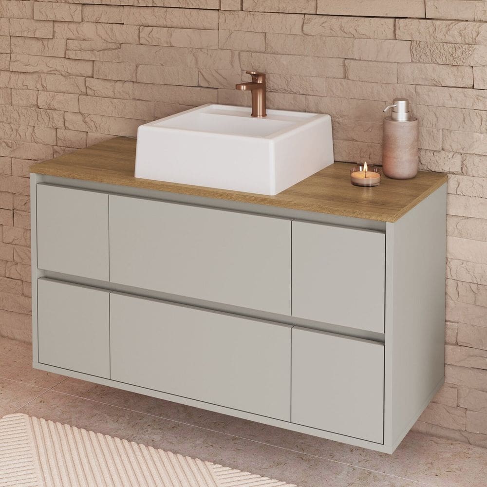 Balcão Gabinete de Banheiro Suspenso 88,4cm 2 Portas e 4 Gavetas com Cuba Berlim Arenas/Branco