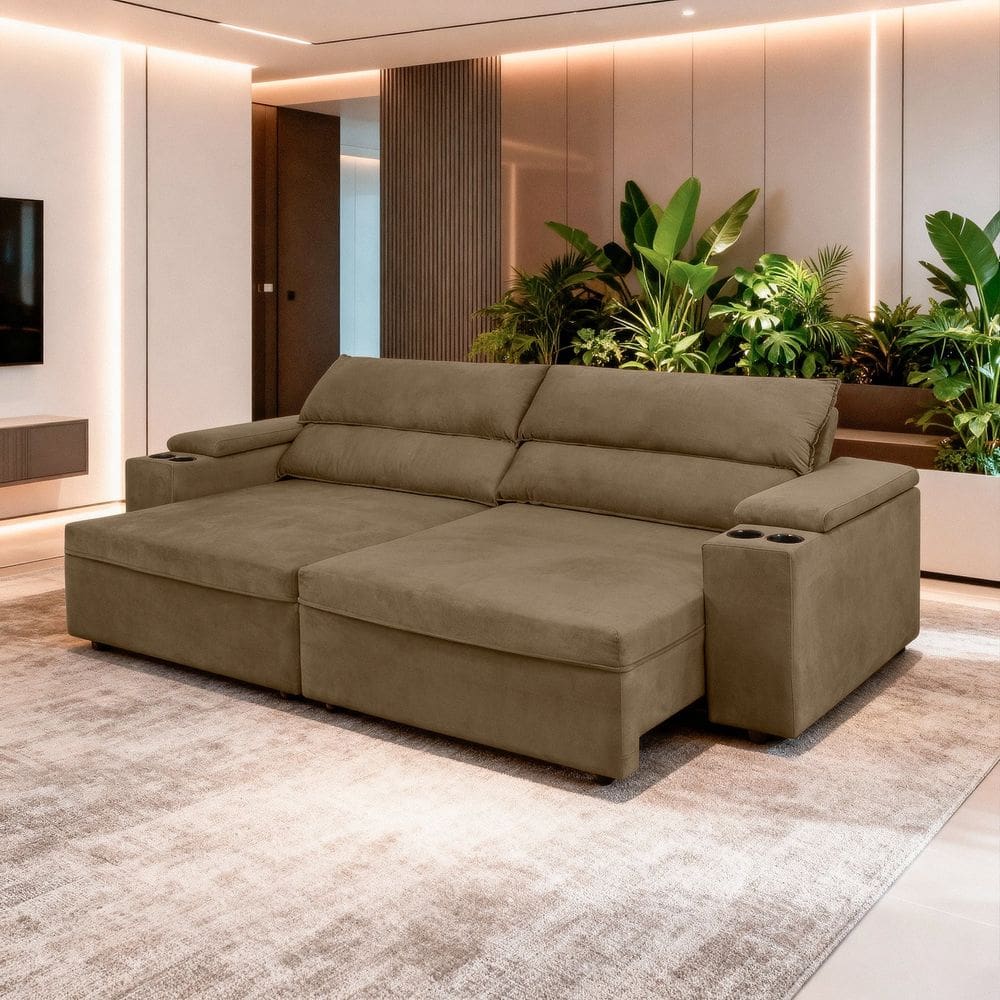 Sofá Retrátil Reclinável Molas Ensacadas 290cm Veludo Havana Capuccino