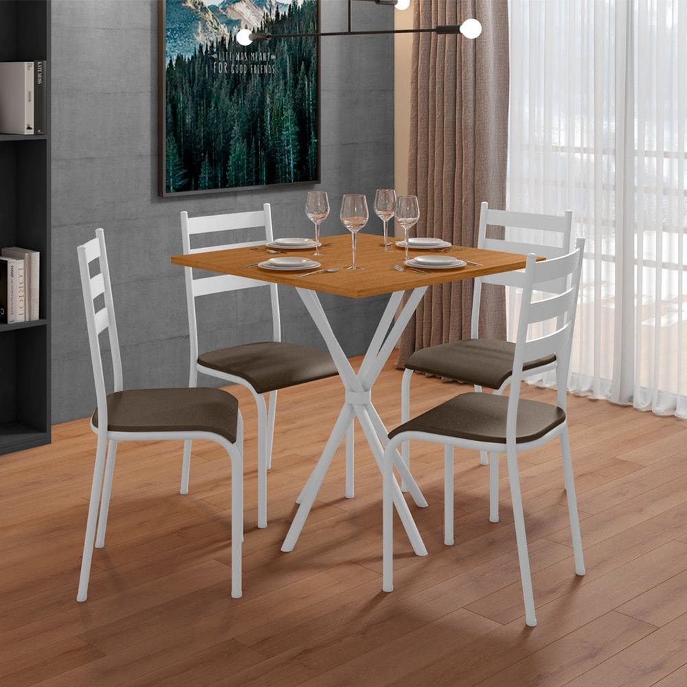 Conjunto Mesa com 4 Cadeiras 541.sli e Tampo Quadrado Diamante Branco/Cedro/Marr Cicap