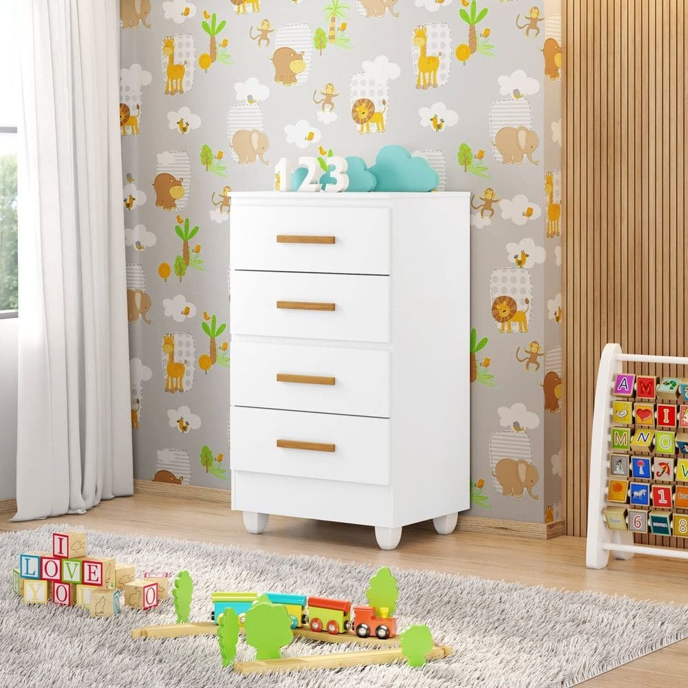 Cômoda 4 Gavetas Mdp 12cm Pintura Uv Corrediças Metálicas Lite Infantil Branco