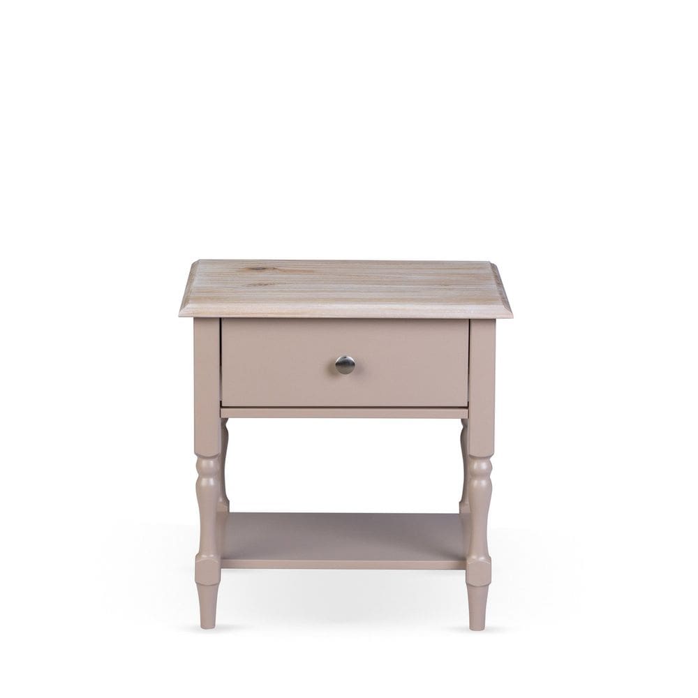 Mesa Lateral 1 Gaveta Madeira Maciça Escovada Pés Torneados Louise Cinza/Patina