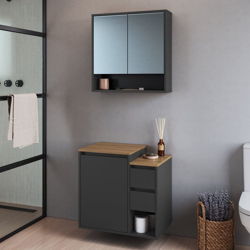 Conjunto para Banheiro Gabinete Suspenso 60cm com Espelheira Bologna Grafite