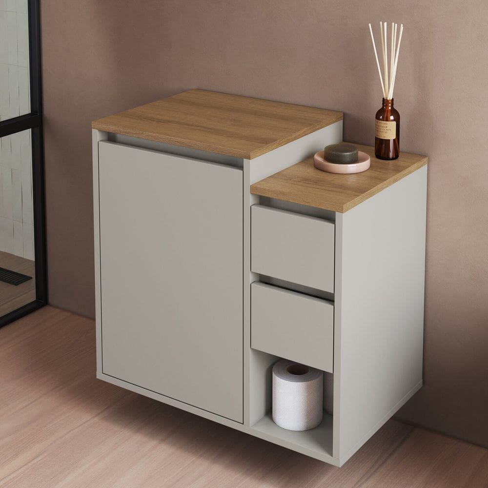 Balcão Gabinete de Banheiro Suspenso 60 Bahamas com 1 Porta e 2 Gavetas Arenas