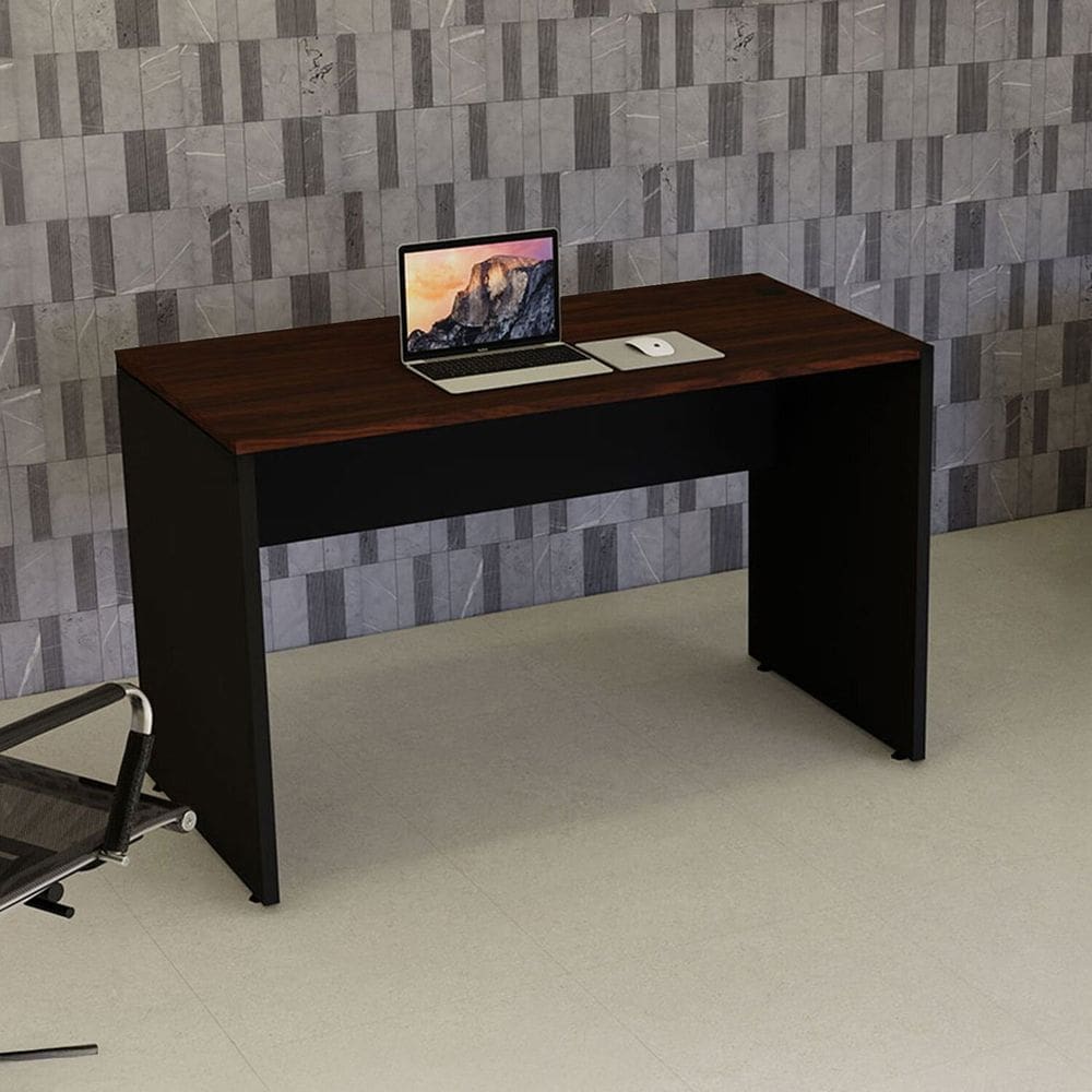 Mesa Escrivaninha Retangular 120cm X 60cm Escritório Pé Painel com Passa Cabos Industrial Executive Louro Preto/ Preto