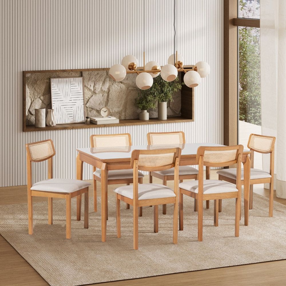 Conjunto Sala de Jantar 1 Mesa 160cm Tampo Laminado com Vidro e 6 Cadeiras Encosto Tela Florença Verniz Mel/Off White/Cru