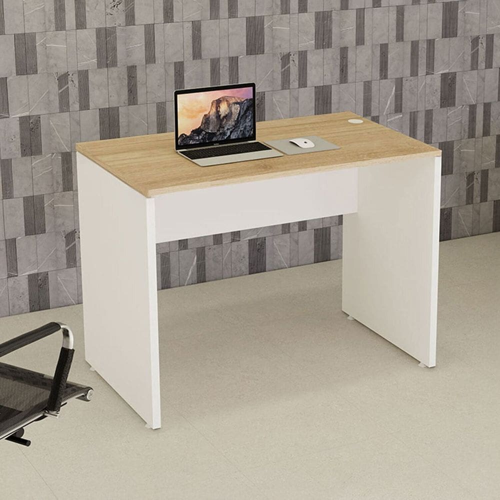 Mesa Escrivaninha Retangular 100cm X 74cm com Passa Cabos e Pés Painel para Escritório Corporate Carvalho Treviso / Branco