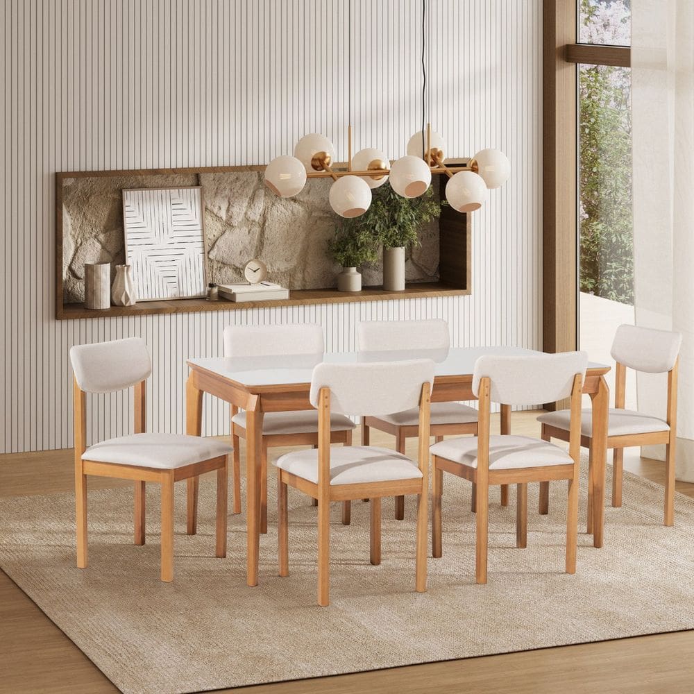 Conjunto Sala de Jantar 1 Mesa 160cm Tampo Laminado com Vidro e 6 Cadeiras Estofadas Florença Mel/ Off White/Cru
