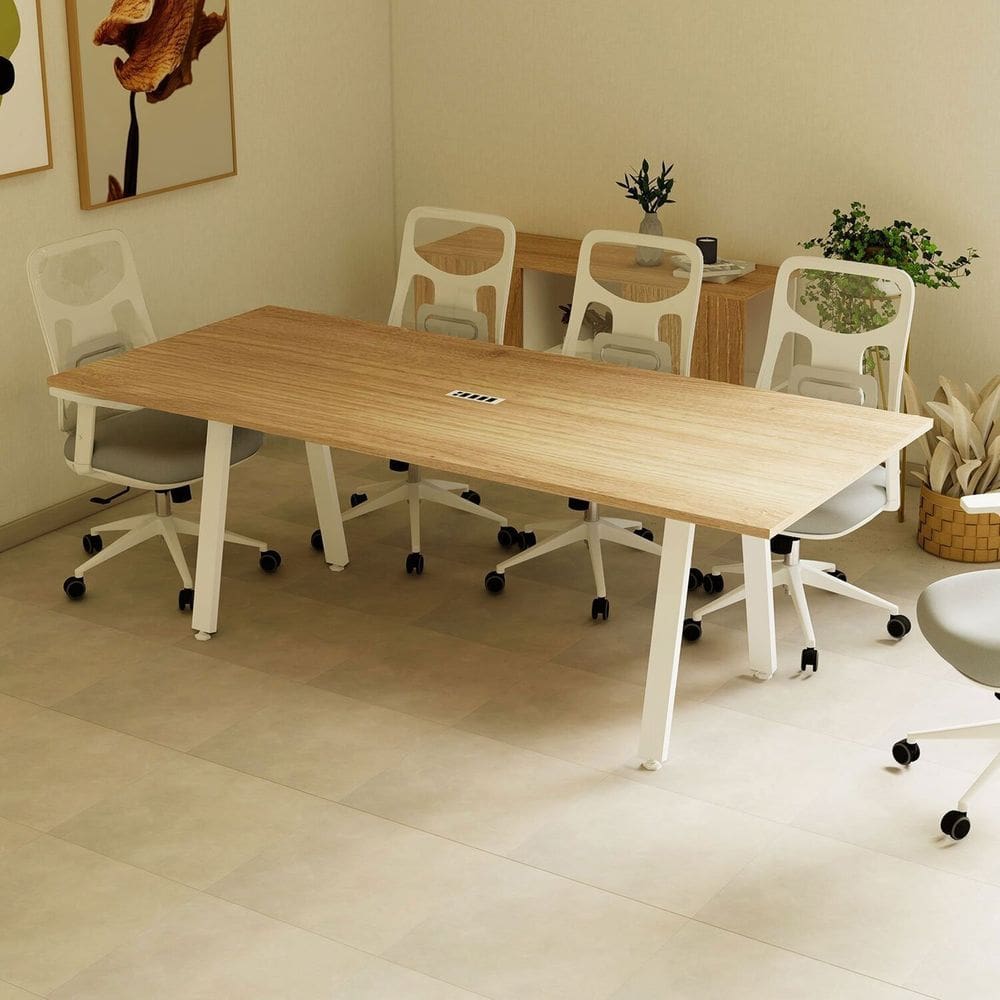 Mesa Reunião 8 Lugares 230cm Central Tomada Escritório Industrial Executive Carvalho Treviso com Branco