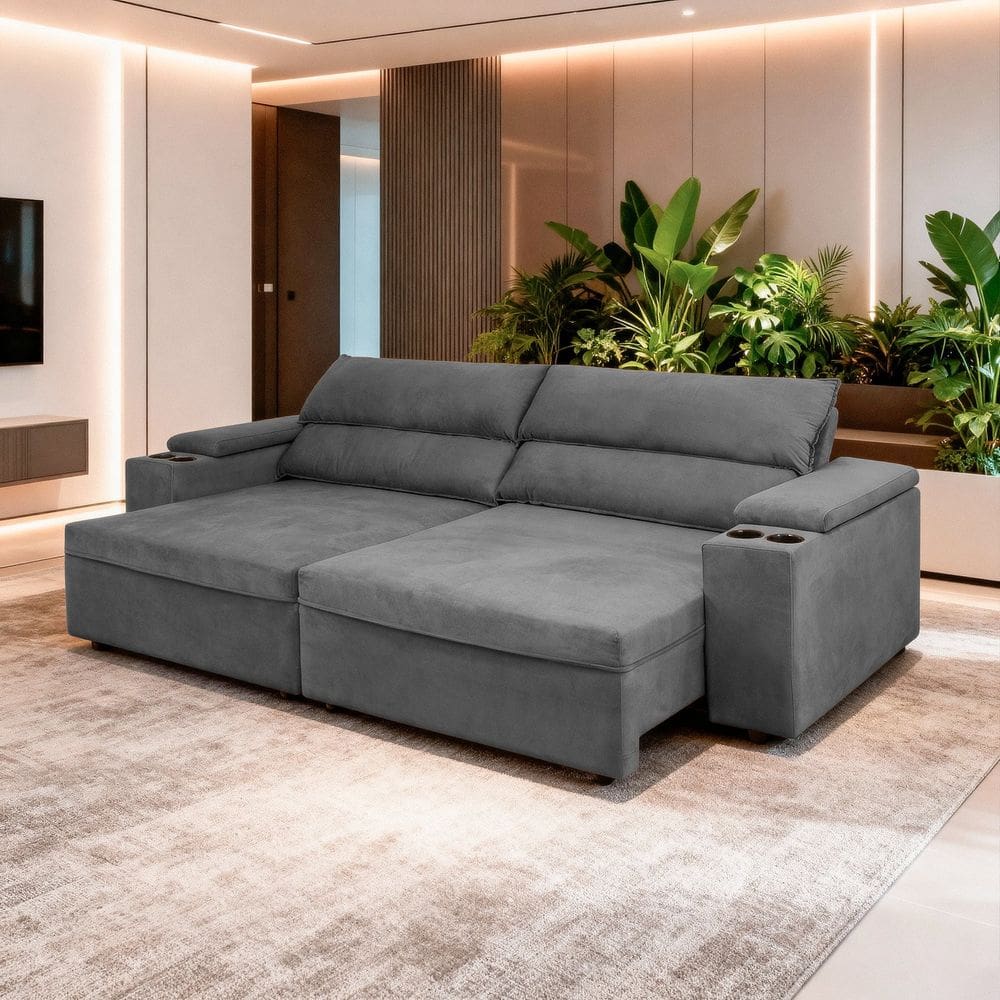 Sofá Retrátil Reclinável Molas Ensacadas 200cm Veludo Havana Cinza