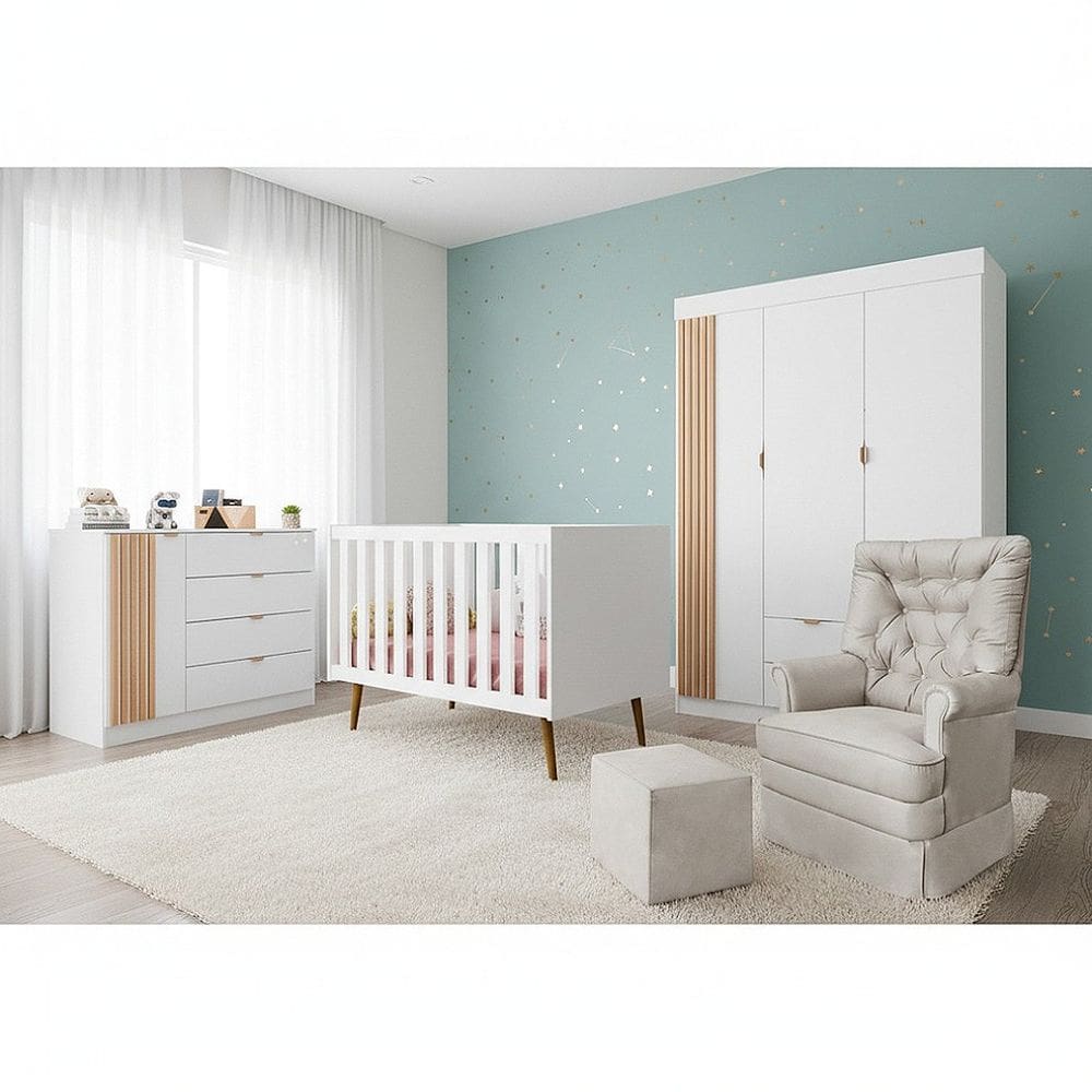 Quarto de Bebê Completo Guarda-roupa Cômoda Berço e Poltrona Ayla Branco
