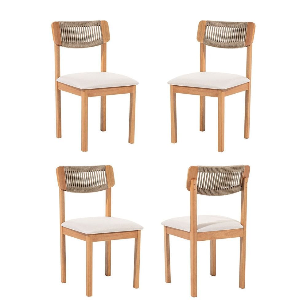 Kit 4 Cadeiras com Encosto Corda Assento Estofado Florença Rami/Cru/Verniz Mel