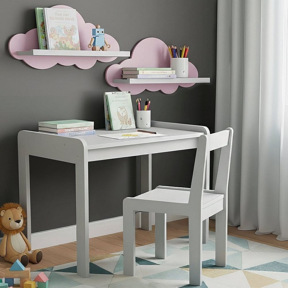 Conjunto Mesa e Cadeira Infantil com 2 Prateleiras Nuvem Branco/Rosa