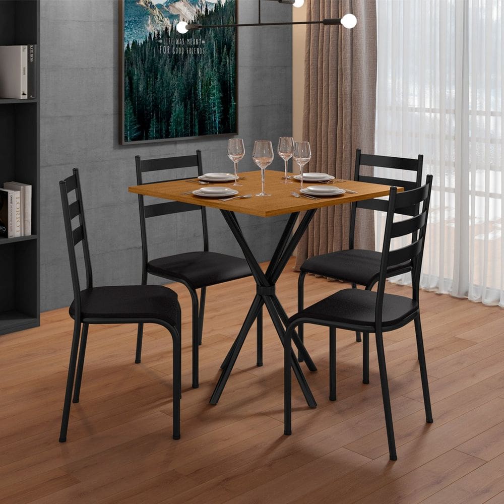 Conjunto Mesa com 4 Cadeiras 541.sli e Tampo Quadrado Diamante Preto/Cedro