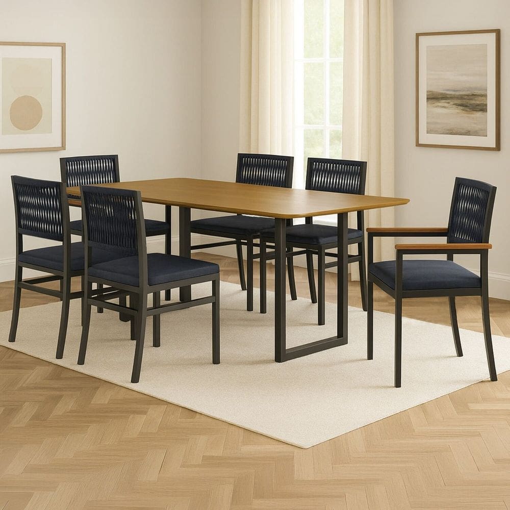 Conjunto Sala de Jantar Mesa Retangular Tampo Mdf Itália com 6 Cadeiras Barcelona Azul