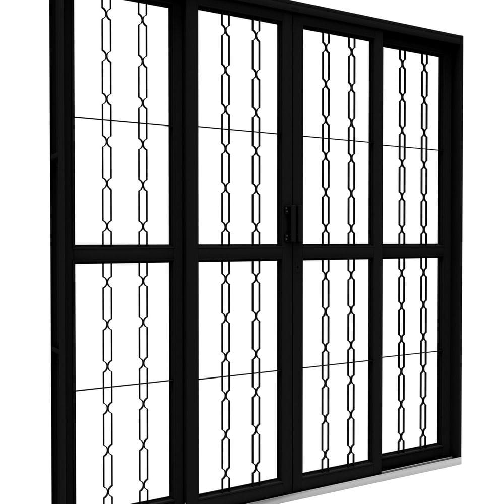 Porta de Aço de Correr Central com Grade Mosaico 4 Folhas 213x200 Riobras Aço Pronto Preto