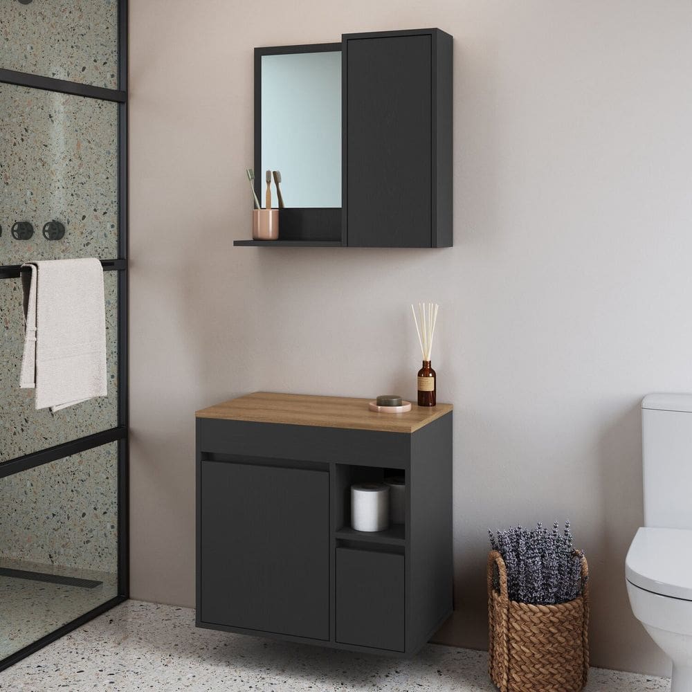 Conjunto para Banheiro Gabinete Suspenso 60cm com Espelheira Bahamas Grafite
