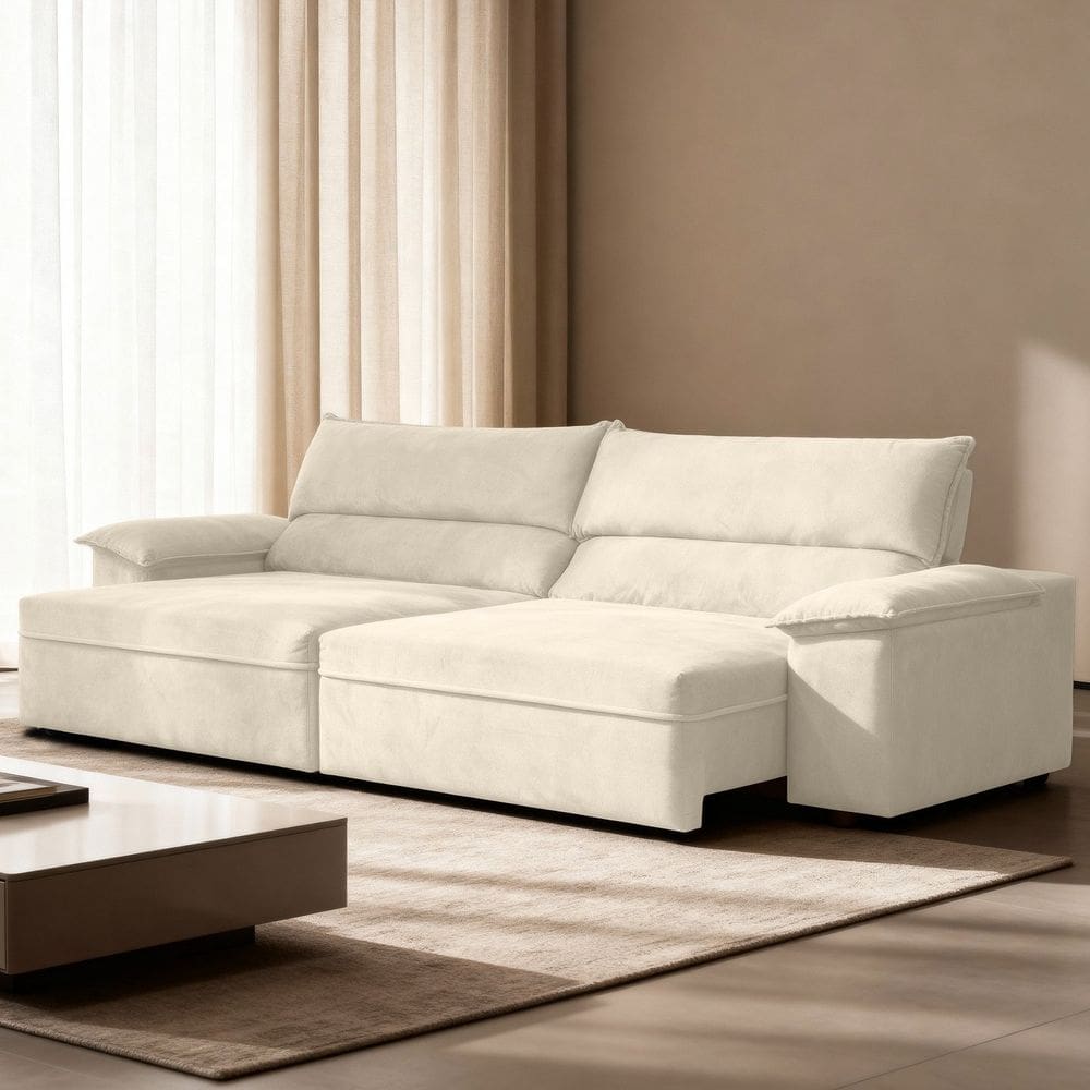 Sofá Retrátil e Reclinável Molas Ensacadas 250cm Veludo Malta Bege Claro