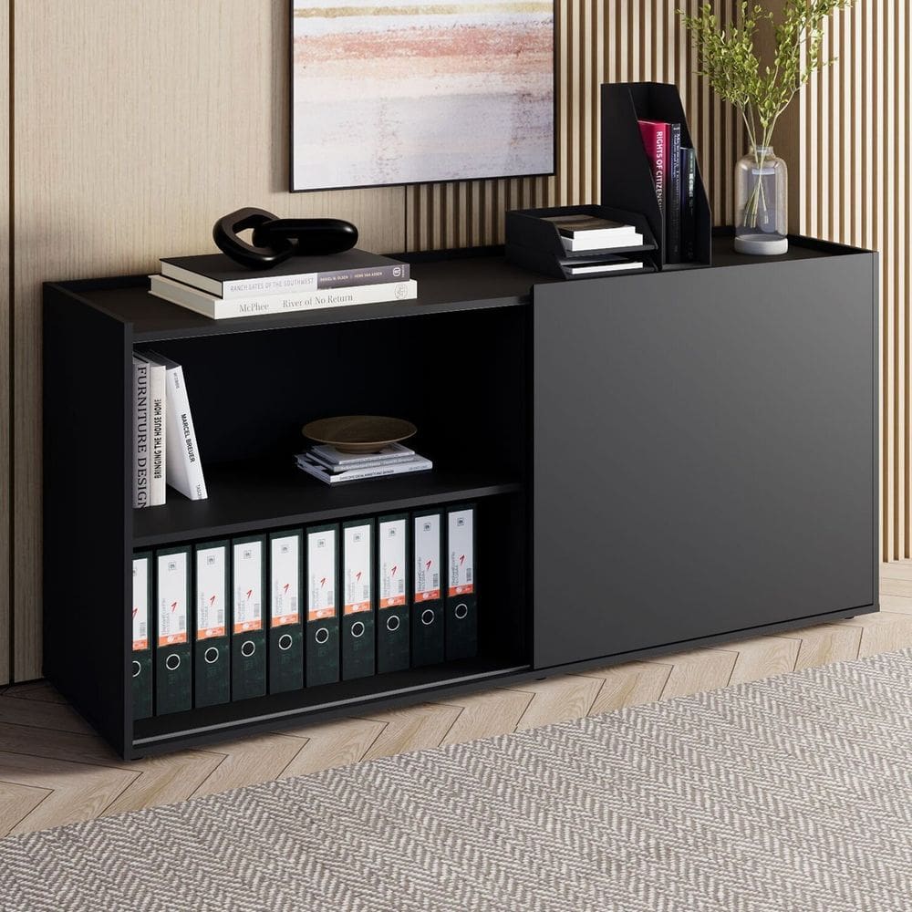 Armário Baixo 158,5cm Porta de Correr e 2 Nichos em Mdp com Puxadores Corporate Preto