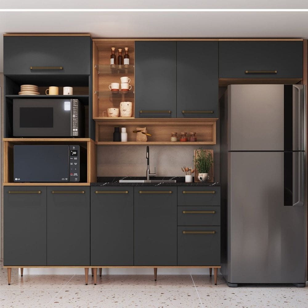 Cozinha Modulada 4 Peças com Torre Quente para 2 Fornos Nicho Decorativo Isabelle Freijó / Grafite