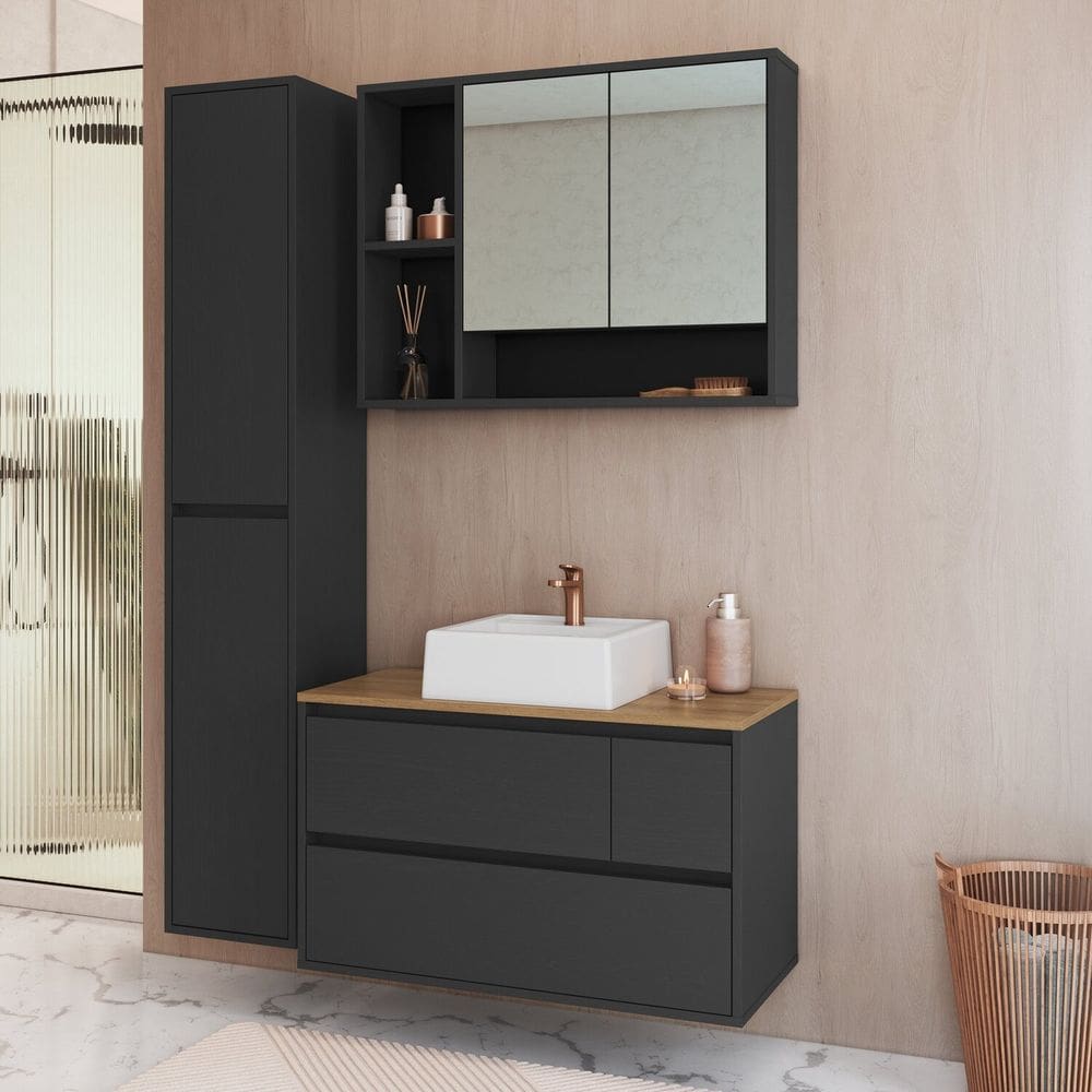 Conjunto para Banheiro 108cm com 3 Peças Gabinete Suspenso com Cuba Belarus Grafite