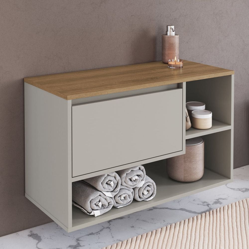 Balcão Gabinete de Banheiro Suspenso 80cm com 1 Porta e Nichos Barcelona Arenas