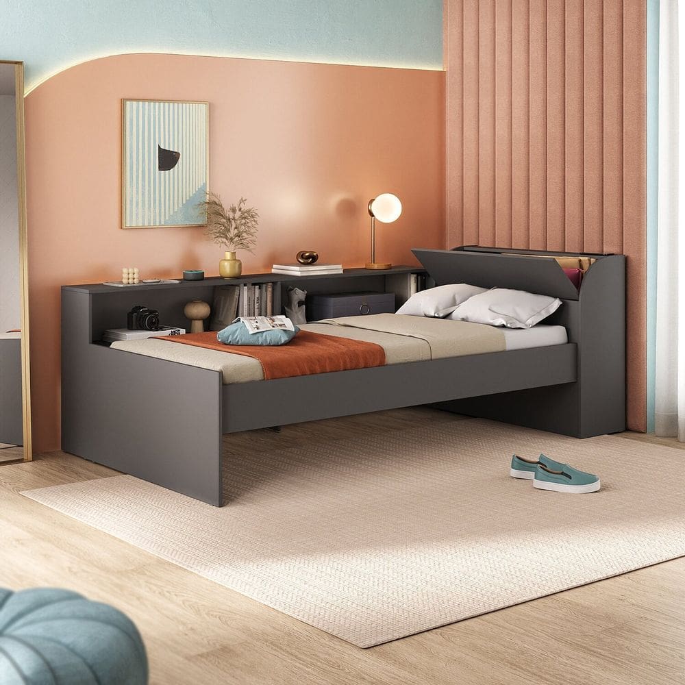Cama Solteiro com Nicho 220x80cm Aria Grafite